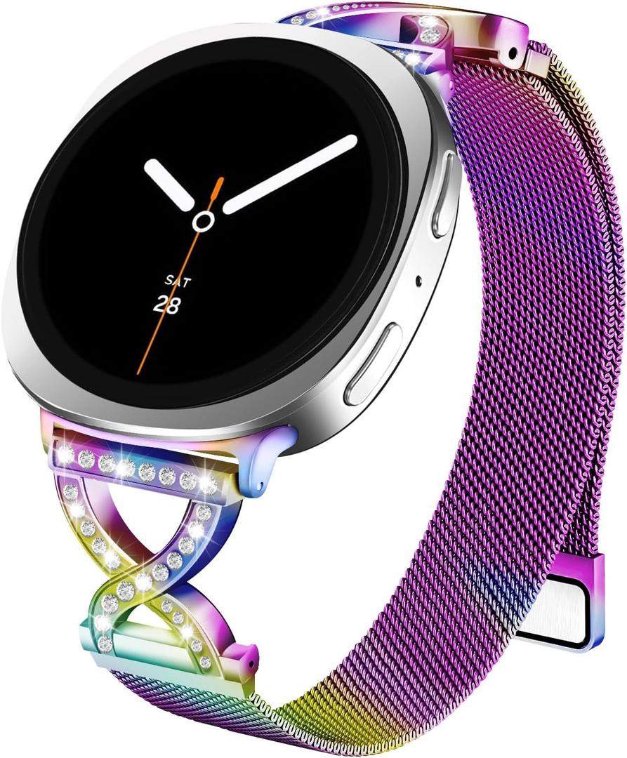 Metal Magnetic Band Compatible with Samsung Galaxy Watch 8 40mm 44mm/Galaxy Watch 8 Classic 46mm,Stainless Steel Dressy Mesh Loop with X-Shape Diamond Women Men