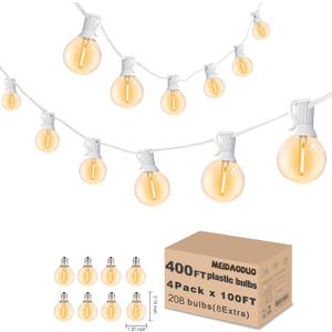 400FT White String Lights for Outside with 200+8 Extral LED G40 Bulbs Globe String Lights White Cord for Patio Pergola Gazebo Wedding Decoration, 4 x 100FT Connectable