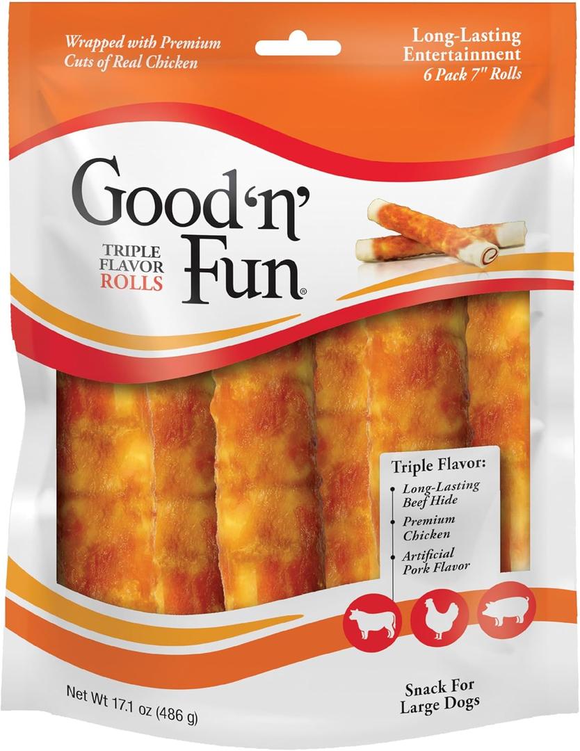 Good n Fun Triple Flavor Rolls for Large Dogs, Treat Your Dog to Long-Lasting Chews Made with Real Beef Hide and Chicken, 6 Count (EXP 11/21/28)