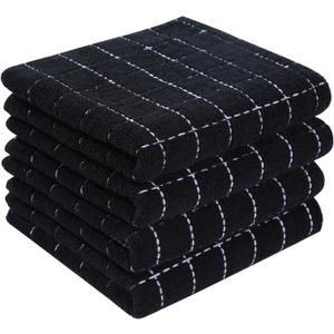 Homaxy 100% Cotton Terry Kitchen Towels(Black, 13 x 28 inches), Checkered Designed, Soft and Super Absorbent Dish Towels, 4 Pack