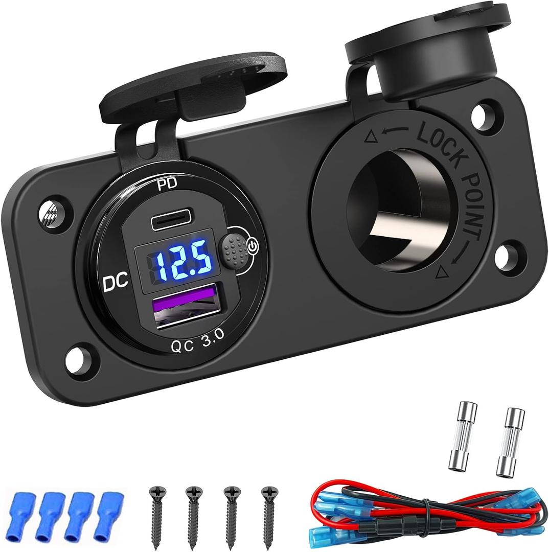Cigarette Lighter Socket 12 Volt USB Outlet: PD 20W C and QC3.0 Car Port Aluminum Metal 12V Plug, 150W Charger Panel with Power Switch LED Voltmeter for Marine Boat RV Golf Cart