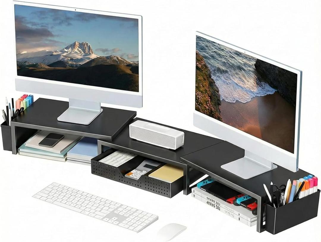 Desk Organizers and Accessories, Dual Monitor Stand Riser with Drawer and 2 Pen Holders, Desk Shelf Metal Computer Racks for Office Workspace Organizers, Desktop Organization (Black Metal)