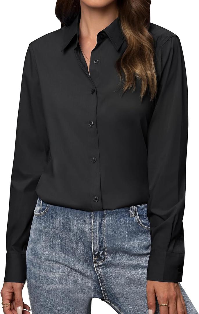 Women's Button Down Shirts Classic Fit Dress Shirt Work Business Casual Long Sleeve Blouse Tops (All Black)