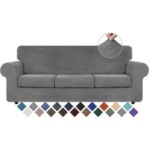 WEERRW 4 Pieces Velvet High Stretch Couch Covers for 3 Cushion Couch Sofa Slipcovers, Washable Furniture Protector with Non Slip Elastic Bottom, Feature Soft and Thick Plush Fabric, Light Grey, Large