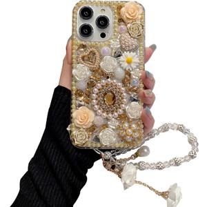 iFiLOVE for iPhone 13 Bling Diamond Case with Flower Strap, 3D Luxury Sparkle Glitter Crystal Rhinestone Pearl Love Rose Wristband Bracelet Case Cover for Girls Women Kids (Champagne)