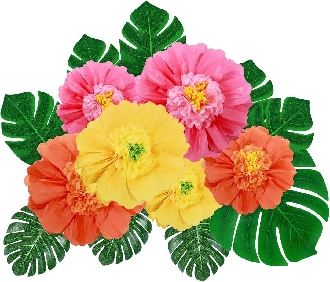 Canlierr 40 Pack Tropical Party Decorations Supplies Large Tissue Paper Hibiscus Flowers Faux Palm Leaves Set for Hawaiian Luau, Safari, Mexican Fiesta, Birthday Parties
