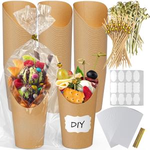 600 Pcs Charcuterie Cups with Sticks Bags Set, 100 Pcs 12 oz Individual Disposable French Fry Holder, Paper Snack Appetizer Cups Kit with 100 Bags, 100 Ties, 100 Lables, 200 Cocktail Skewers Picks