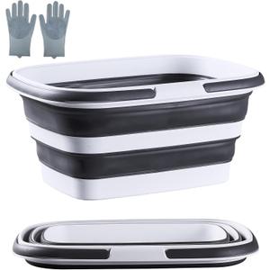 2.1 Gal(8 L) Small Collapsible Mop Bucket with Handle  Durable Plastic Square Silicone Cleaning Bucket for Mopping, Car & Window Washing  Space-Saving Storage Organizer  Pair of Silicone Gloves