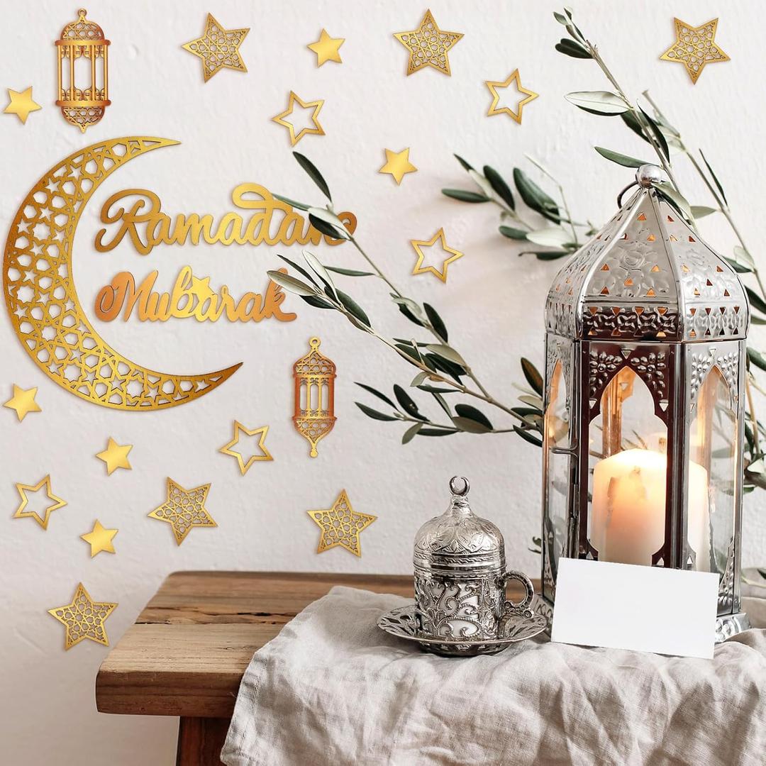 Geelin 23 Pcs Ramadan Decorations for Home 2026 Eid Ramadan Kareem Mubarak Wall Decor Islamic Wooden Gold Moon Star Lantern Wall Art Sign for Living Room Bedroom Muslim Arabic Party Supplies(Mubarak)