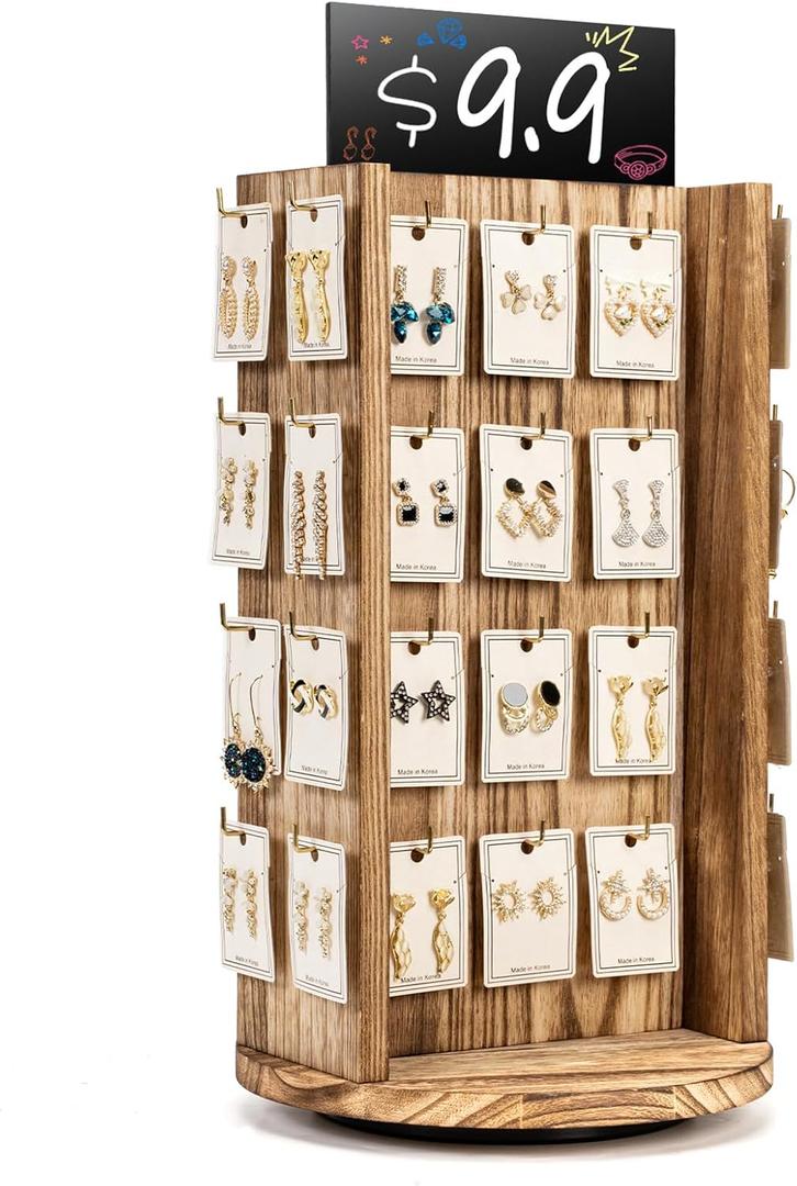 Pinzoveco Rotating Earring Display Stands for Selling with Adversitsing Board, Real Wood Jewelry Display Stand for Vendors, Large Capacity Earring Cards for Selling Rack Holder (Carbonized Brown)