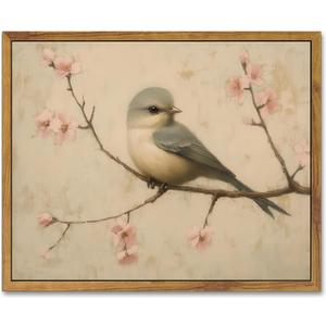 AtterrirArt Framed Vintage Bird Wall Art, 12x16 Inch, Minimalist Animal Wall Decor, Rustic Farmhouse Canvas Prints Poster, Cherry Blossom Beige Wall Art For Bedroom, Living Room, Ready to Hang