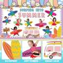 88 Pcs Summer Surfboard Bulletin Board Decoration Set Hawaiian Beach Surfing Paper Cutouts with 150 Pcs Glue Points for Back to School Classroom Photo Name