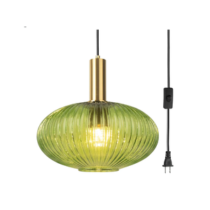 Pobllem 11.8" Large Globe Hanging Pendant Light with Plug in Cord, Green Glass Hanging Light Plug in, Mid Century Hanging Ceiling Light Plug in Chandelier Lighting for Kitchen Dining Room Bedroom