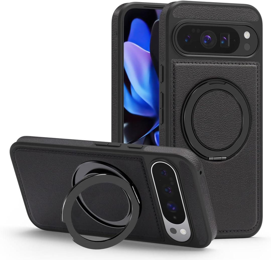 Magnetic Case Designed for Google Pixel 10 Pro XL Premium PU Leather 360 Degree Rotatable Ring Stand Kickstand Rugged Shockproof Phone Cover for Pixel 10 Pro XL (Black)