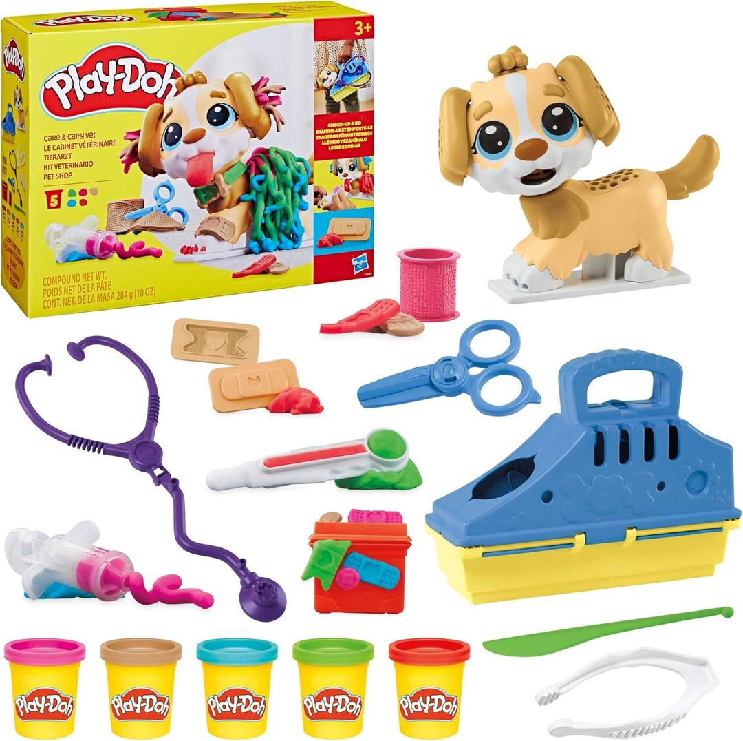 Play-Doh Care 'n Carry Vet Playset for Kids 3 Years and Up with Toy Dog, Storage, 10 Tools, and 5 Modeling Compound Colors, Non-Toxic (Medium)