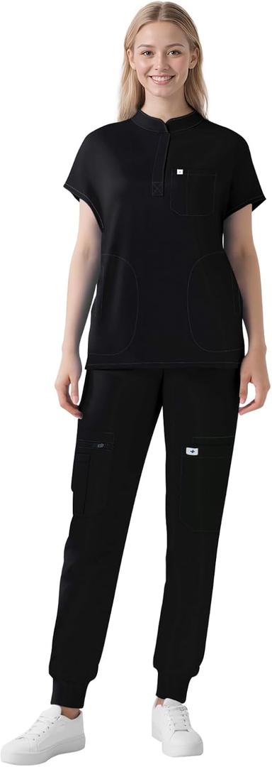 Scrubs for Women Set - Cool Stretch Scrub Top & Jogger Pants with 11 Pockets Breathable Nursing Uniform Scrub Suit (XX-Large, Black)