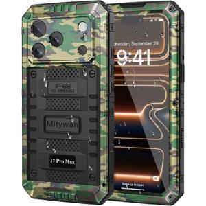 Mitywah Waterproof Case for iPhone 17 Pro Max, Rugged Metal Case with Built-in Screen Protector, Heavy Duty Full Body Shockproof Protective Cover 6.9 inch, Camouflage