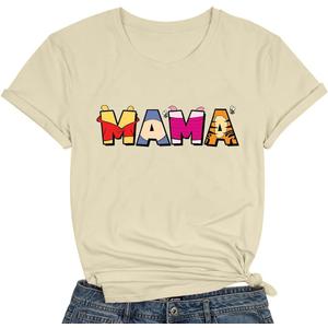 Funny Mama Shirt Women Checkered Mom Tshirts Motherhood Letter Print Tee Short Sleeve Top (Beige, M)