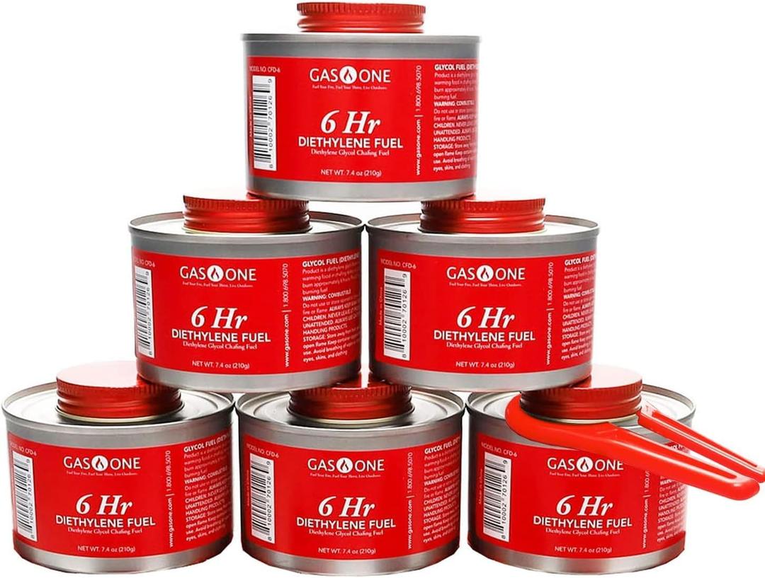 GASONE CFD-6-6S Gas One 6 pk 6 Hr Cooking Wick Liquid Safe Fuel & Lid Opener for Chafing Dish Buffet Set and Food Warmer, 6Plus Hours 6 Pack, Red New