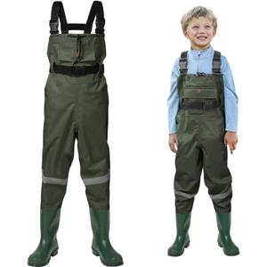 HISEA Kids Chest Waders with Boots, Youth Waterproof Fishing Wader, PVC Waders for Toddler Children with Reflect Safety Band (10/11 Big Kid, Green)