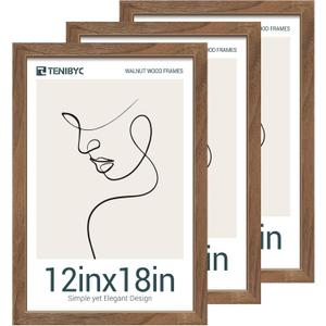 12x18 Walnut Picture Frame Set of 3 with HD Glass - Natural Brown, Solid Wood Poster Frame, Wall Hanging