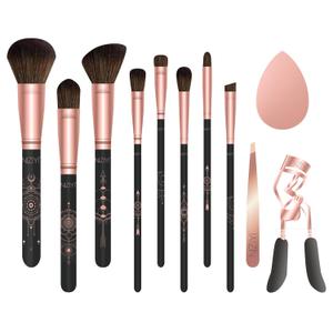 Makeup Brush Set 11Pcs with Eyelash Curler & Eyebrow Tweezers, Makeup Brushes with Eyeshadow, Foundation,Powder Puff, Highlighter, Concealer, Blusher, Powder Brush, Make up Kits for Adults (Gold)