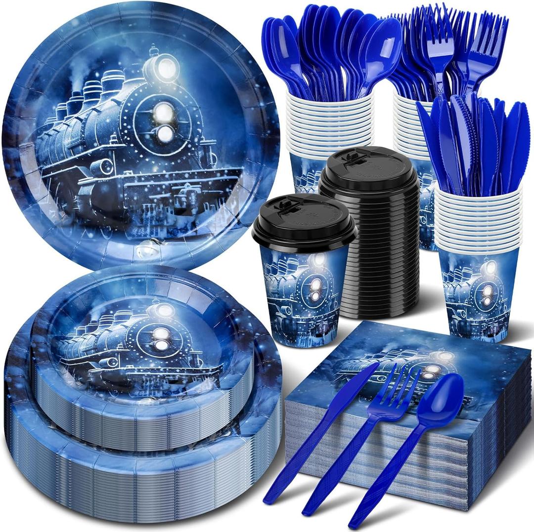 175 Pcs Christmas Party Tableware Train Party Supplies for Serve 25 Person Train Believe Plates Napkins Hot Cocoa Cups Disposable Knives Forks Spoons Dinnerware Polar Decoration
