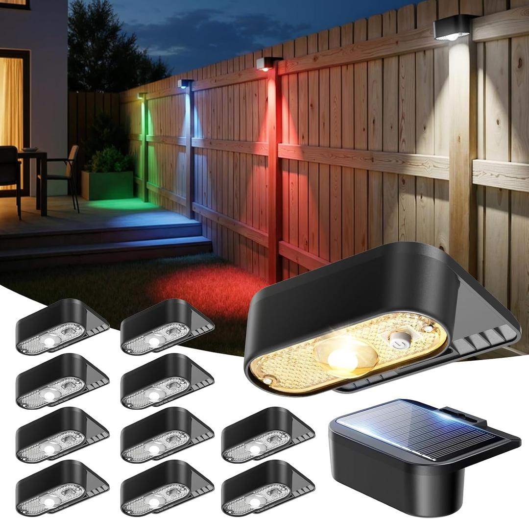 JOFIOS Solar Fence Lights Outdoor, 9 Fixed Colors Color Changing Solar Deck Lights Outdoor Waterproof IP44 Dusk-to-Dawn Fence Lights Solar Powered for Patio, Railing, Porch, Stair, Dock, 12 Pack
