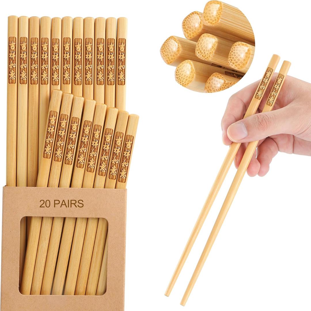 20 Pairs Bamboo Chopsticks Reusable,Dishwasher Safe Japanese & Chinese Style,Chop Sticks Non-Slip Blessing 9.5in(GOOU LUCK,20Pairs)