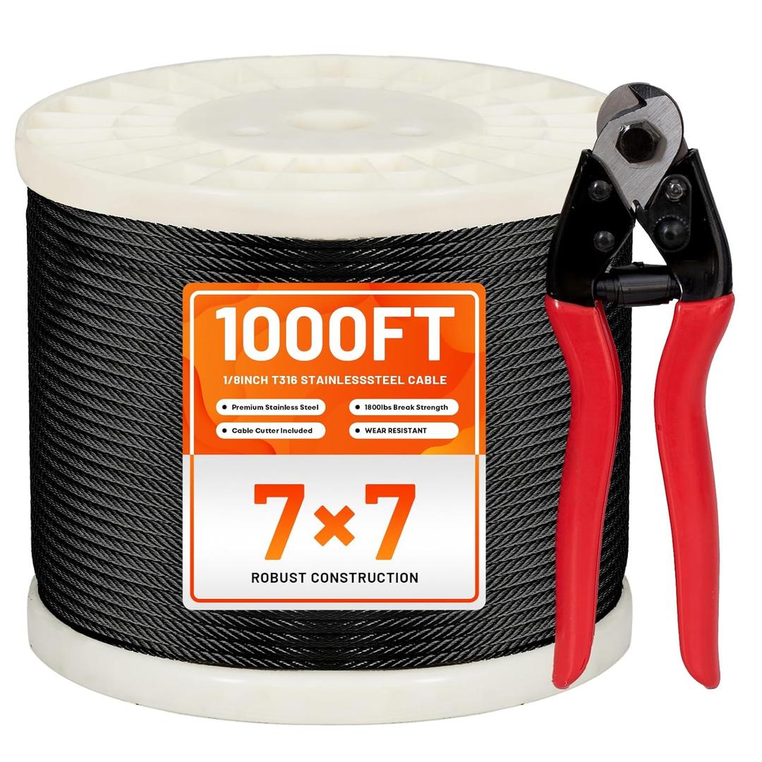 1000FT 1/8" Black Stainless Steel Cable Kit for Deck Railing, Premium T316, 7x7 Strands, 1/8" Wire Rope with Cutter, DIY Balustrades