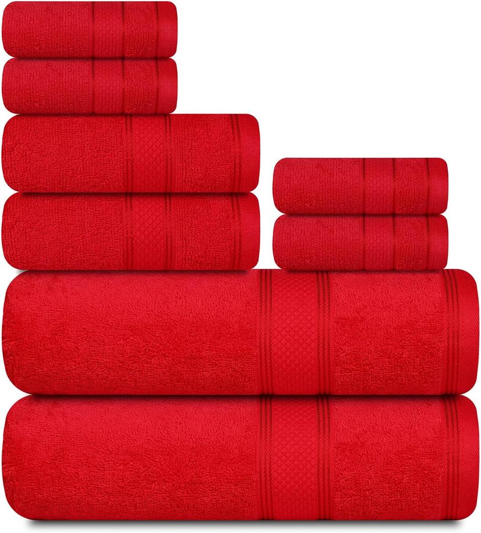 Casa Lino Bath Towel Set of 8 (2 Bath Towels, 4 Wash Cloths & 2 Hand Towels for Bathroom) - 100% Cotton - Highly Absorbent & Quick Dry - Guest Room Essentials for Bathroom Set - (Red)