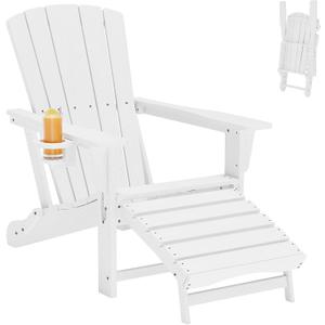 Folding Adirondack Chair with Retractable Ottoman,HDPE Outdoor Adirondack Chair with Cup Holder,All-Weather Lounge Chairs for Outside,Patio,Pool,Fire Pit,White