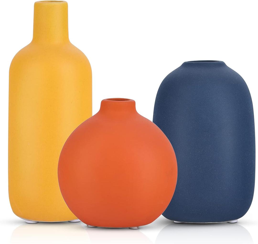 Cute Vase Matte Ceramic vases set of 3 Orange, Modern Boho Vases for Decor small vase,Centerpiece Table Decor japandi home decor Minimalist vase for Dcor Room,Entryway, Bookshelf, Mantel, Shelf Dcor