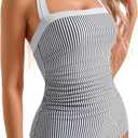 SUUKSESS Women Sexy Tummy Control One Piece Swimsuit Halter Retro Bathing Suit, Size XL, 68 Navy Blue Striped