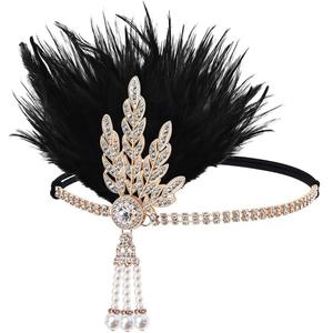 GORTIN 1920's Flapper Feather Headband Art Deco Headpiece Inspired Leaf Medallion Pearl Headband (Black Gold)