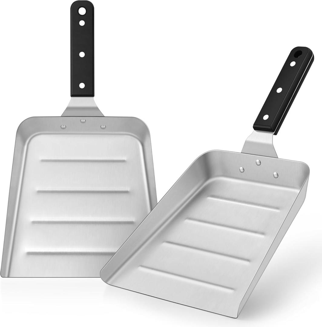 Griddle Scoop (2 Pcs), Joyfair Large Metal Spatula Burger Turner for Flat Top BBQ Grill, Heavy Duty Stainless Steel Food Shovel Grilling Accessories with Corrugated Surface for Outdoor (ABS Handle)