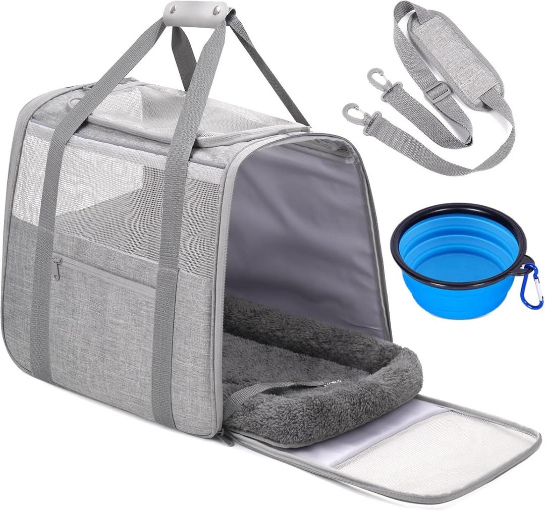 JUNGYOUN Premium Cat Carrier - Pet Carrier for Cat & Small Dogs up to 15lbs - Airline Approved Travel Dog Carrier with Anti-Escape Zippers, Collapsible Travel Bowl & Padded Strap (18.0"L x 12.0"W x 14.0"H, Grey)