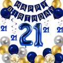 BRT Bearingshui Blue & Gold 21st Birthday Party Decorations - Happy Birthday Banner, Number 21 Foil Balloon, Navy Blue & Gold Decorations