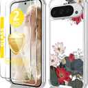 for Google Pixel 9 Pro XL Case+Tempered Glass Screen Protector, Slim Soft TPU & Hard PC,Girls Women Crystal Clear Cute Floral Pattern Shock Absorption Case Cover for Pixel 9 Pro XL (silver Shield Flower Series-Lotus)