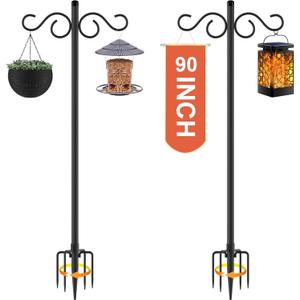 Double Shepherds Hooks for Outdoor, 2 Pack 90 Inch Bird Feeder Pole with 5 Prongs Base, Heavy Duty Shepherds Hook, Suitable for Garden in Hanging Flower Basket, Lantern, Bird Nests (90 Inch)