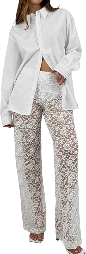 Women Sexy See Through Sheer Mesh Elastic Pencil Pants High Waist Leggings Sweatpants Tights (Large, Lace Floral-white)