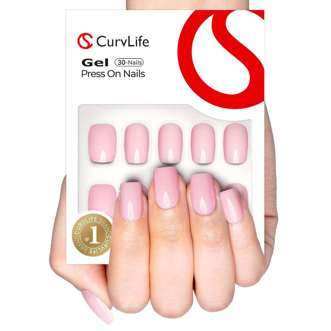 Curvlife Soft Gel Press on Nails, 30Pcs 15 Sizes Gel Nail Tips, Pink Style Full Cover Design Reusable Fake Nails Kit with Glue and Adhesive Tabs (Short)