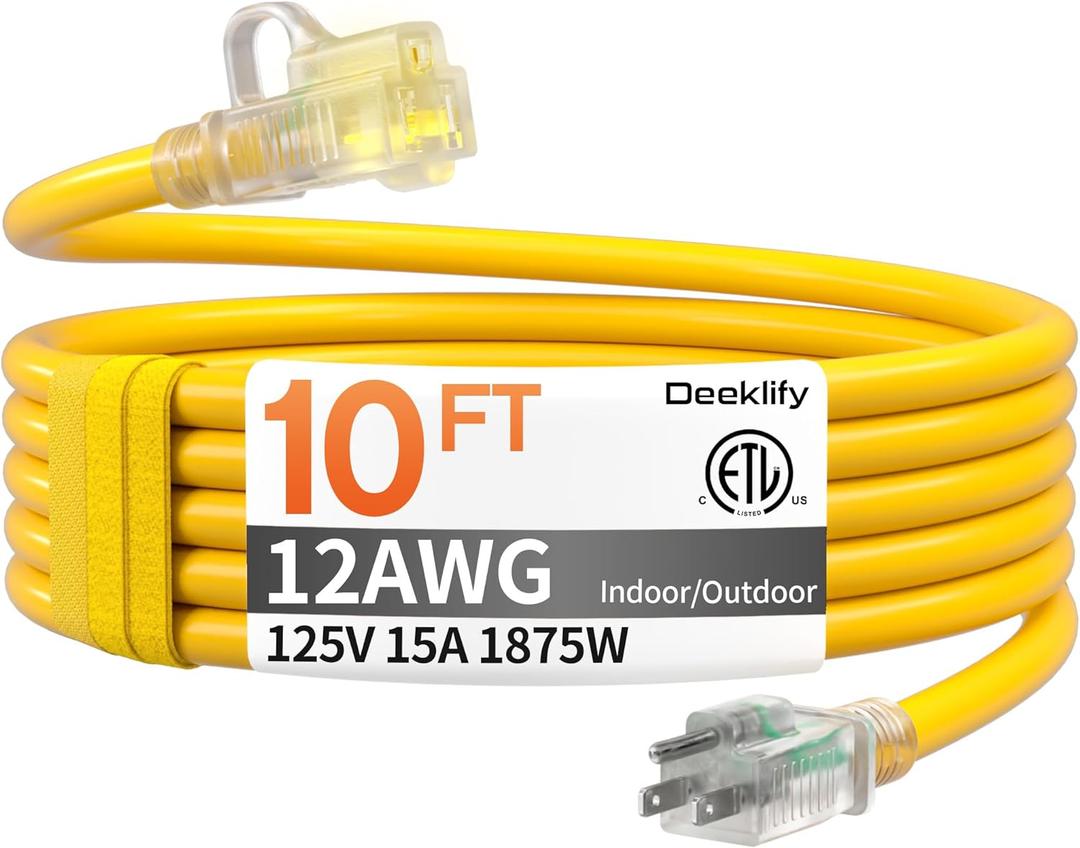 12awg 10 FT Heavy Duty Outdoor Extension Cord Waterproof with Lighted End, 12 Gauge Extension Cord Flexible and Cold Resistant 3 Prong Grounded Plug,Yellow 15Amp 1875W SJTW