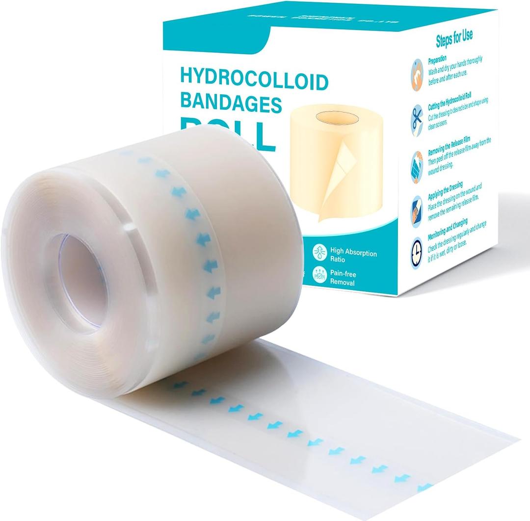 Hydrocolloid Roll for Wound Care, Large Hydrocolloid Patch Bandages with Self-Adhesive, Bed Sore Bandages, Highly Absorbent for Burn, Blister, Acne Care, Sterile and Waterproof (2in x 10ft)