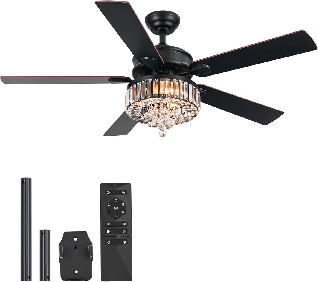 VONLUCE Ceiling Fans with Lights, 52" Crystal Ceiling Fan and Remote, 5 Blades, 6-Speeds Noiseless Reversible DC Motor, Chandelier Ceiling Fan for Farmhouse Bedroom Indoor, Black