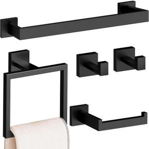 5-Piece Bathroom Hardware Accessories Set, 23.6 Inch SUS304 Stainless Steel Towel Bar Set, Wall Mounted Bathroom Towel Holders, Towel Hooks with Toilet Paper Holder (5 Piece-23.6 inch, Matte Black)