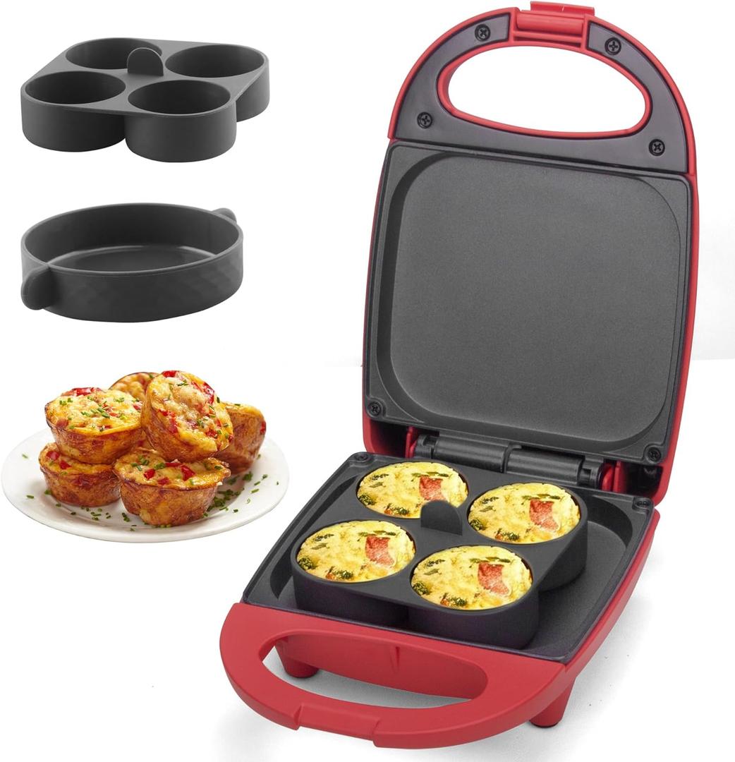 SugarWhisk Egg Bite Maker with 2 Silicone Egg Molds for Breakfast Sandwiches, Breakfast Maker, Omelet Pan, Healthy Snacks or Desserts, Red