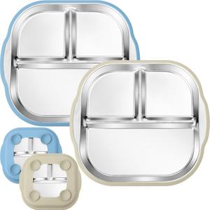 2 x BUSOHA 2 Pack Stainless Steel Kids Plate with Suction - 9.4"X 8.6" Divided Toddler Baby Plates with Silicone Sleeves 2-in-1 Non-Slip Anti Breakage Metal Toddler Bowls (Blue + Beige)