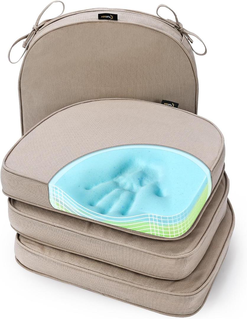 2 x SUNROX Gel Memory Foam Chair Cushions, FadeShield Water-, Stain-Resistant Durable Reversible Seat Cushion Pads with Ties for Indoor/Outdoor Kitchen Dining Office 17"x16" Set of 2, Husk Birch