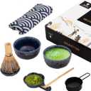 A Unique Matcha Set: 9 pieces set, A Ceremonial Grade Kit For Matcha With 2 Thick Glazed Dark Blue Hand Painted bowls. Bamboo Whisk and Scoop, Strainer, Table Runner, chop stand, dish and bottle.